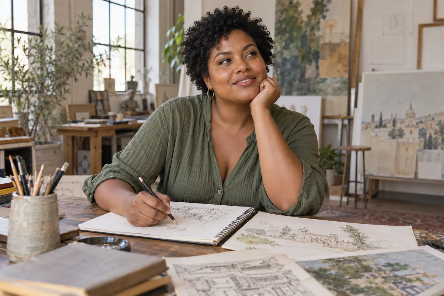 A woman drawing in a bright art studio