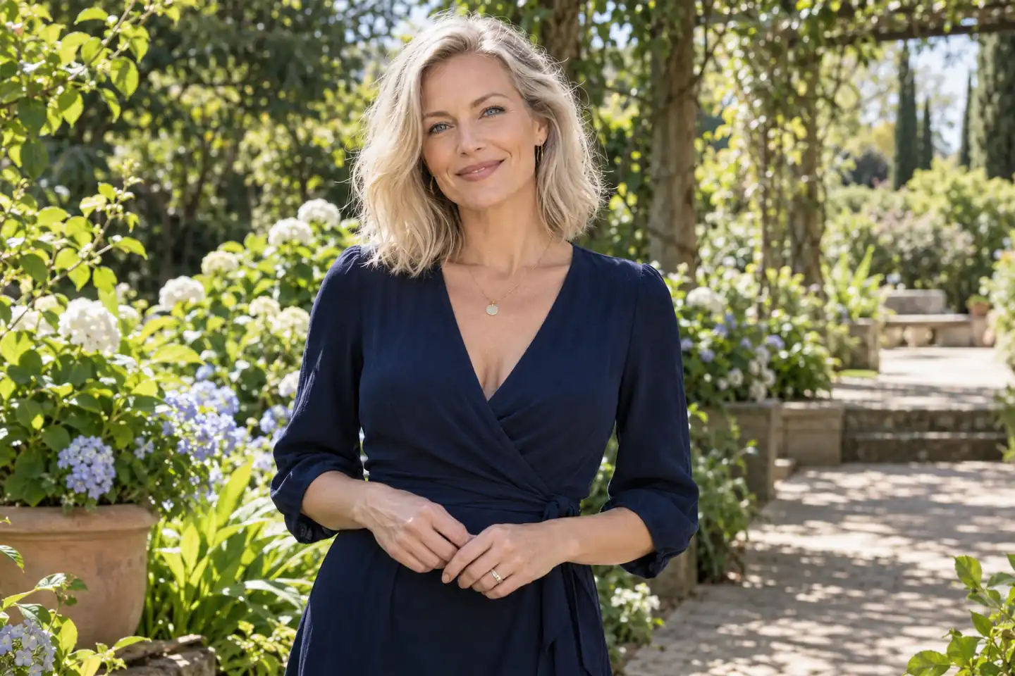 A woman enjoying a walk in a botanical garden
