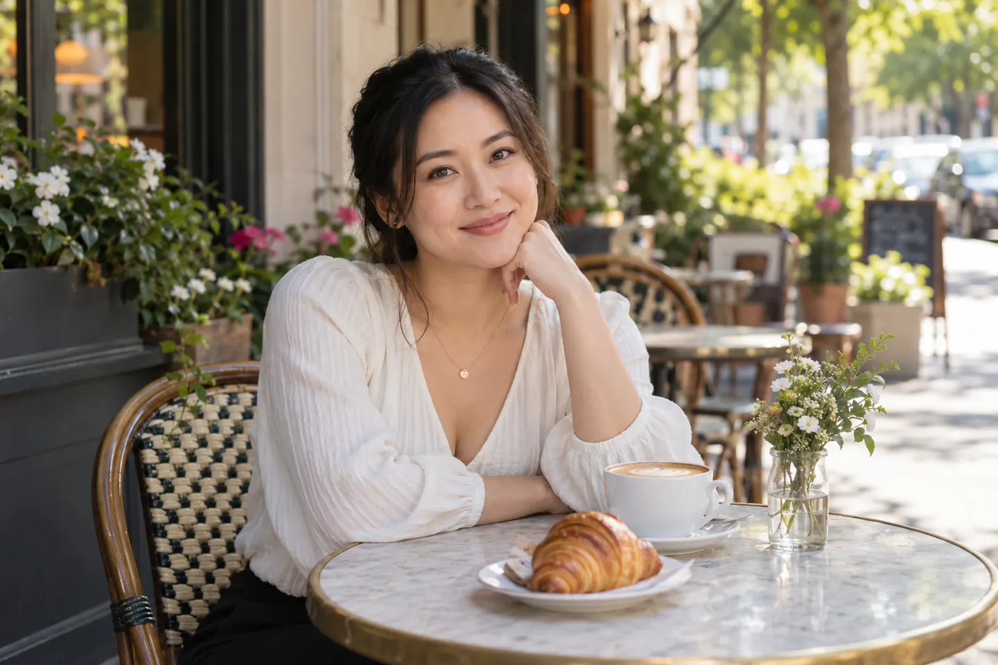 A woman enjoying coffee at a neighborhood cafe