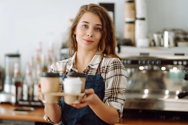 A woman working behind the counter of a cafe