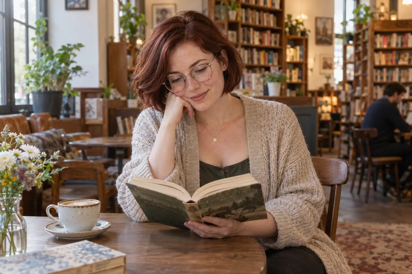 A woman reading in a quiet bookstore cafe