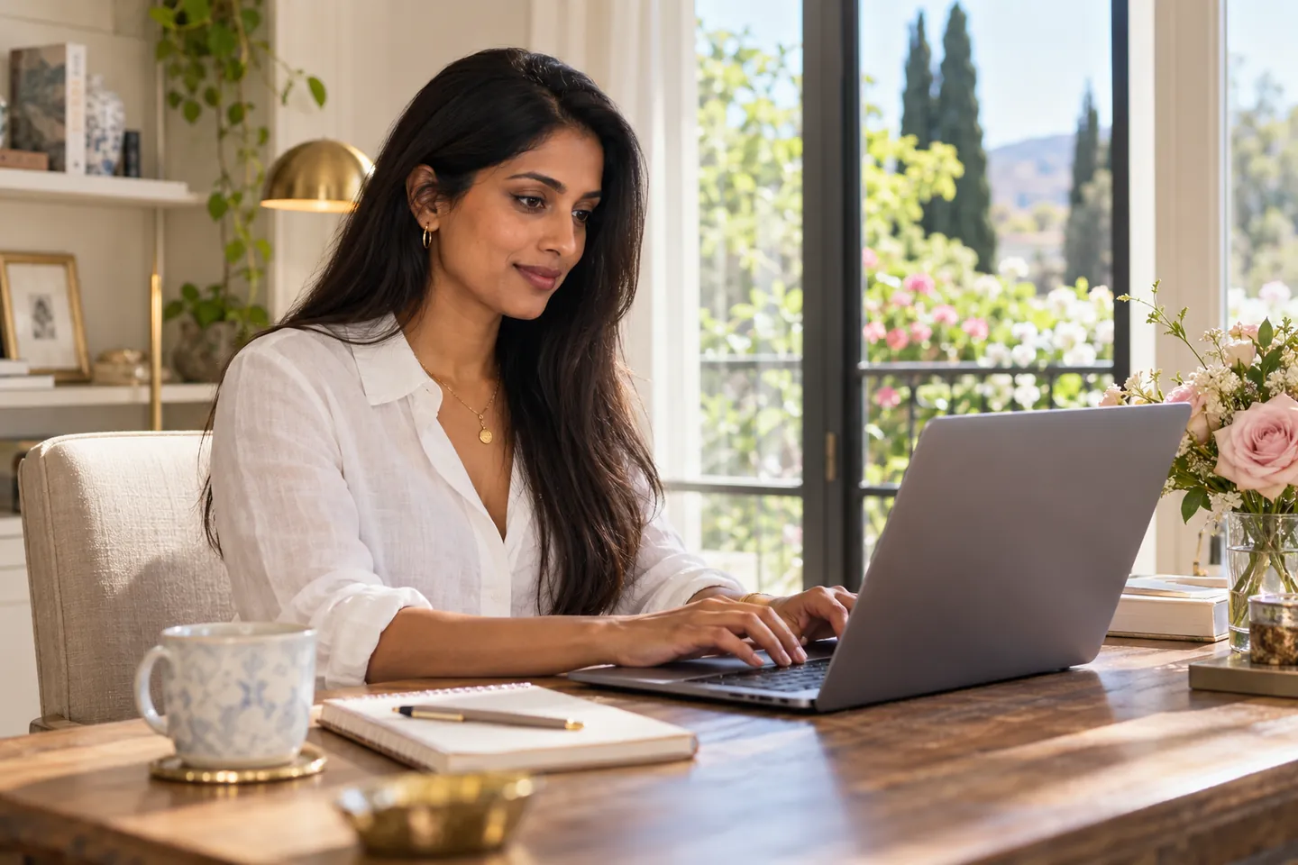 A woman writing her profile on a laptop in a sunlit home
