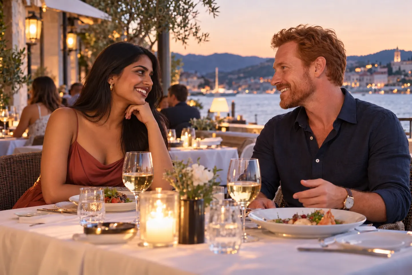 A couple enjoying an early dinner at a public waterfront restaurant