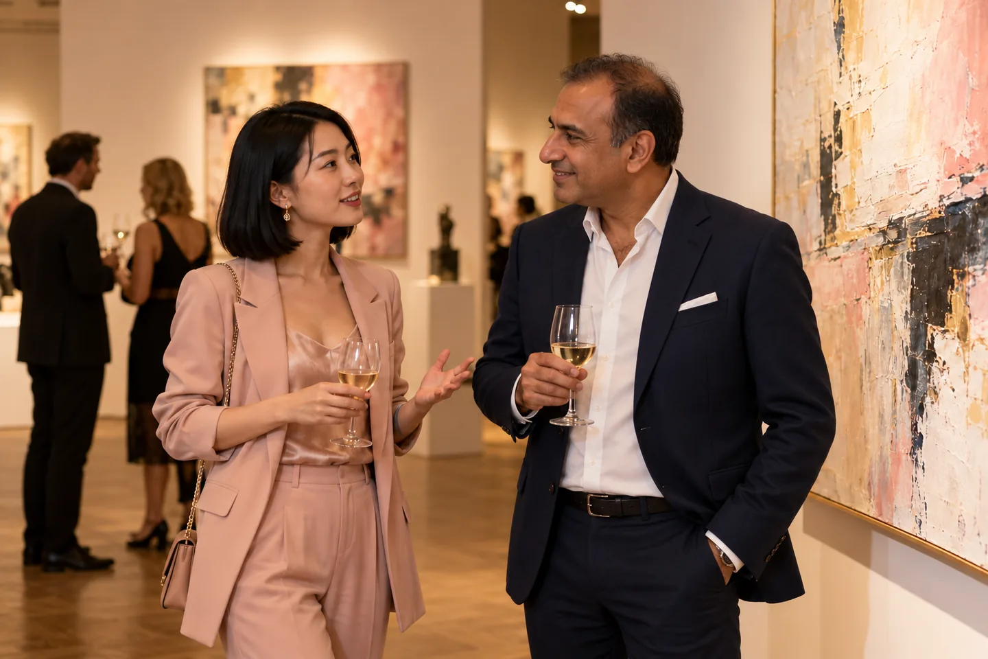 A woman and a gentleman getting to know each other at an art gallery reception