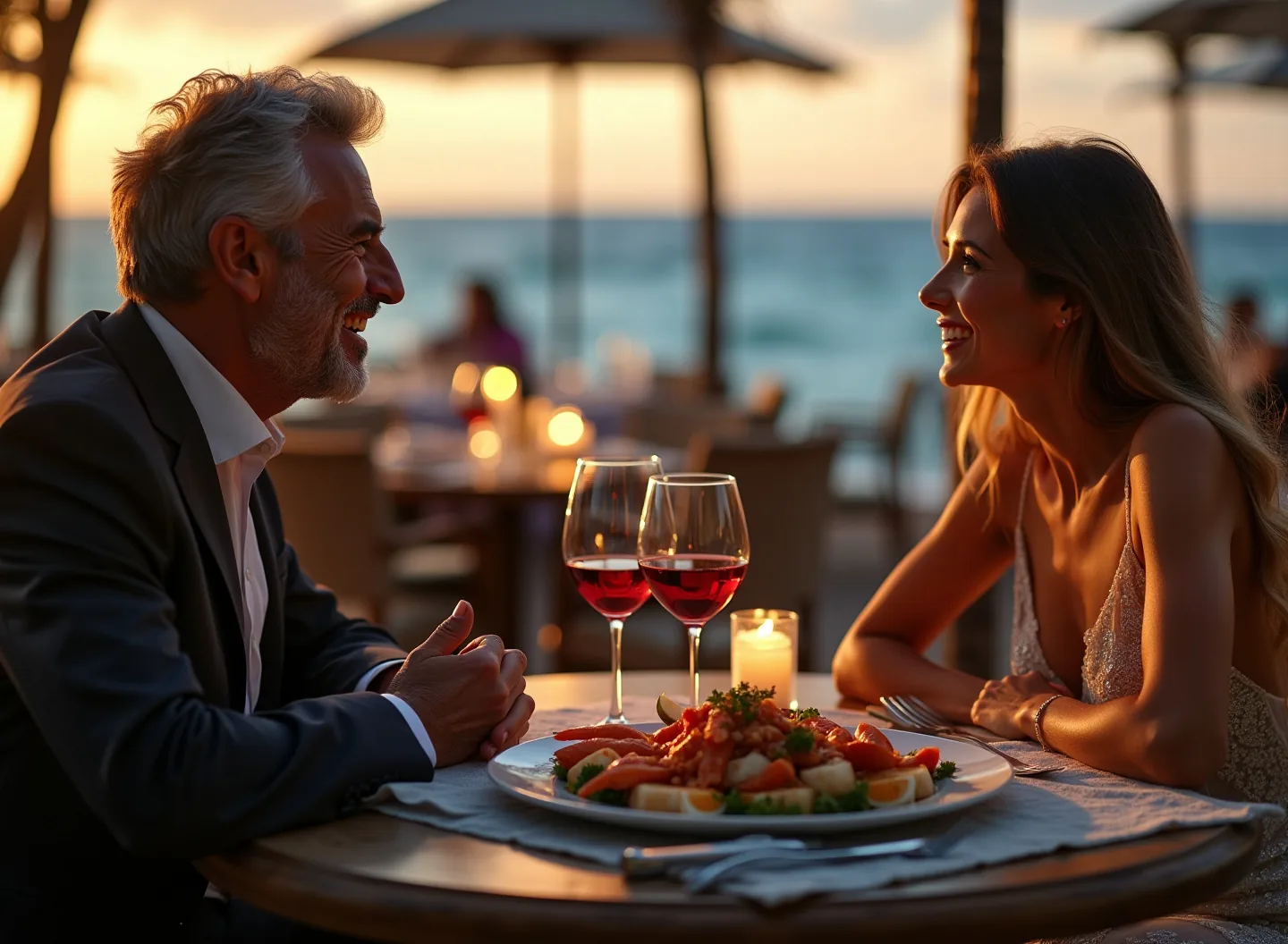 A gentleman and a woman enjoying a conversation over dinner at a seaside restaurant at sunset