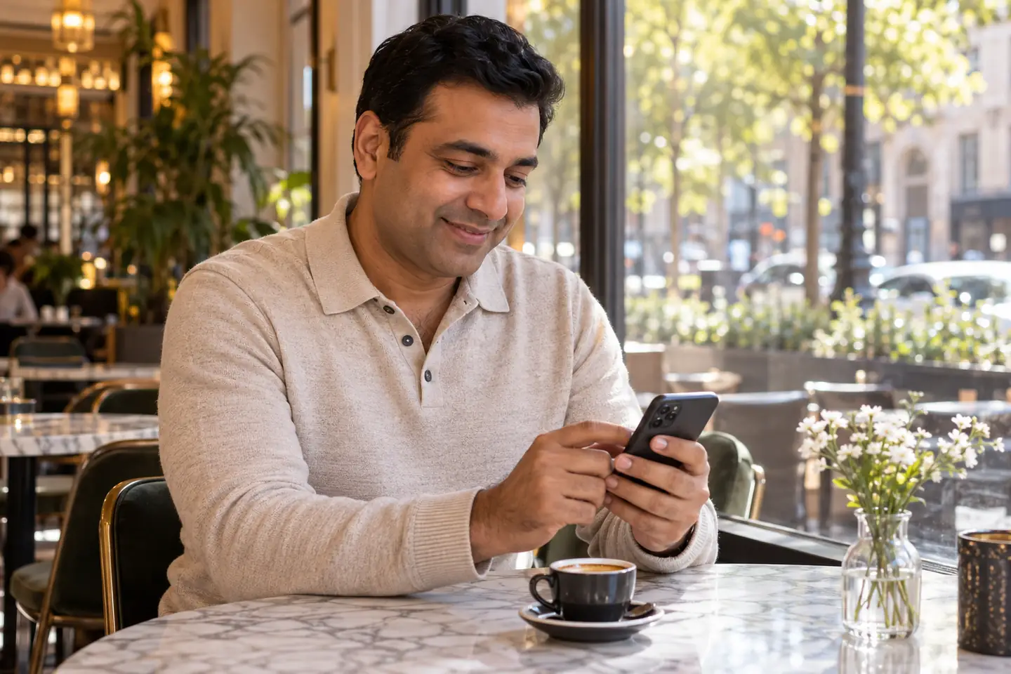 A gentleman composing a thoughtful message on his phone at a cafe