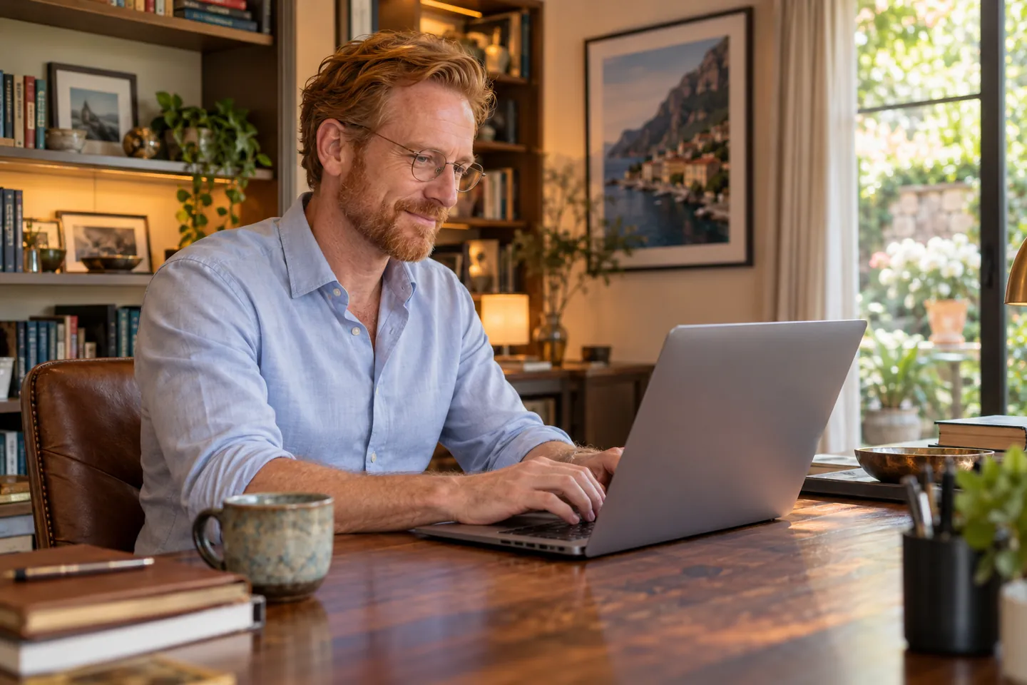 A gentleman writing his dating profile on a laptop in a warm home study